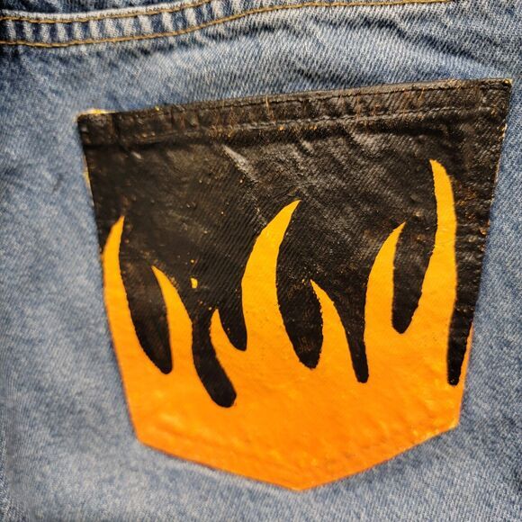 Pacsun Mom Jeans Womens 28 Blue Denim‎ High Rise Custom Flames Pockets Zip Fly - Picture 10 of 12